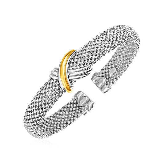 Popcorn Texture Cuff Bangle with X Motif in Sterling Silver & 18k Yellow Gold (10.00 mm)