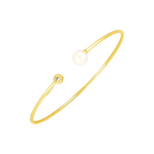 14k Yellow Gold Cuff Bangle with Pearl & Diamond (3.00 mm)