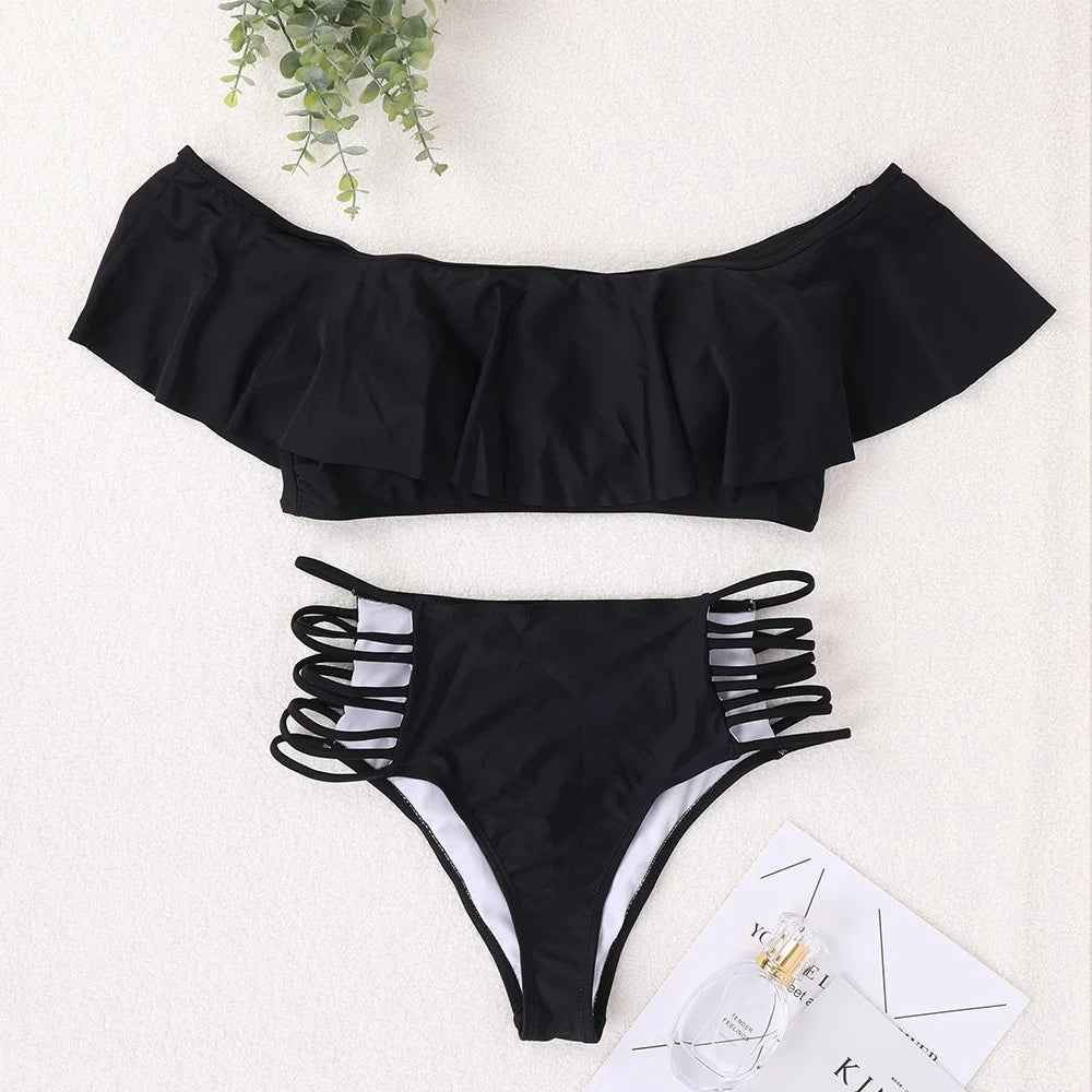 Plus Ruffle Off Shoulder SwimwearSolid High Waist Bikini Hollow Brazilian Swimsuit Bathing Suit