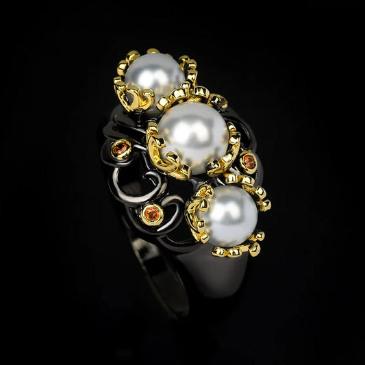 Ring Pearl Zircon Rings Black & Gold Style