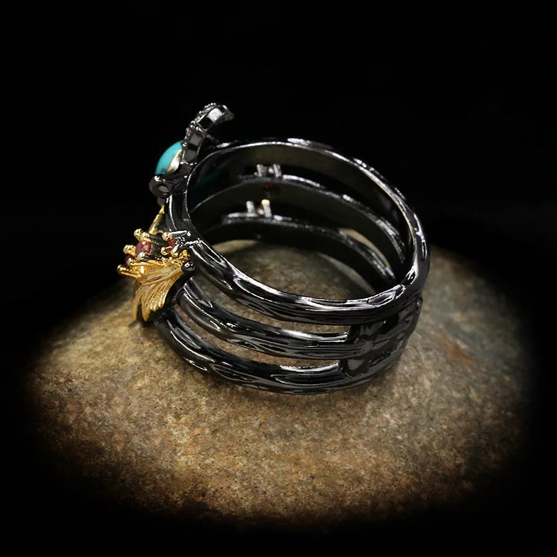 Black & Gold Style Feather Rings Decorated with Zircon, Turquoise