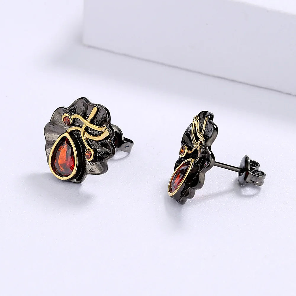 Black & Gold Style Earrings Small Black Red Zircon Earrings