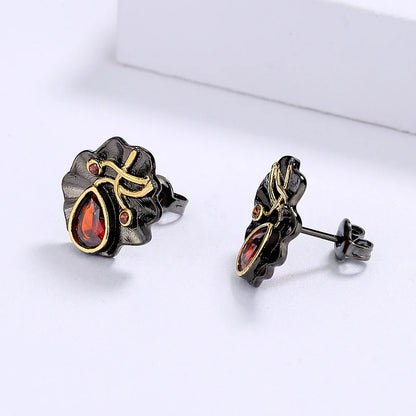 Black & Gold Style Earrings Small Black Red Zircon Earrings