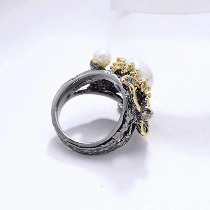 Gothic Floral Black & Gold Style Freshwater Pearl Ring