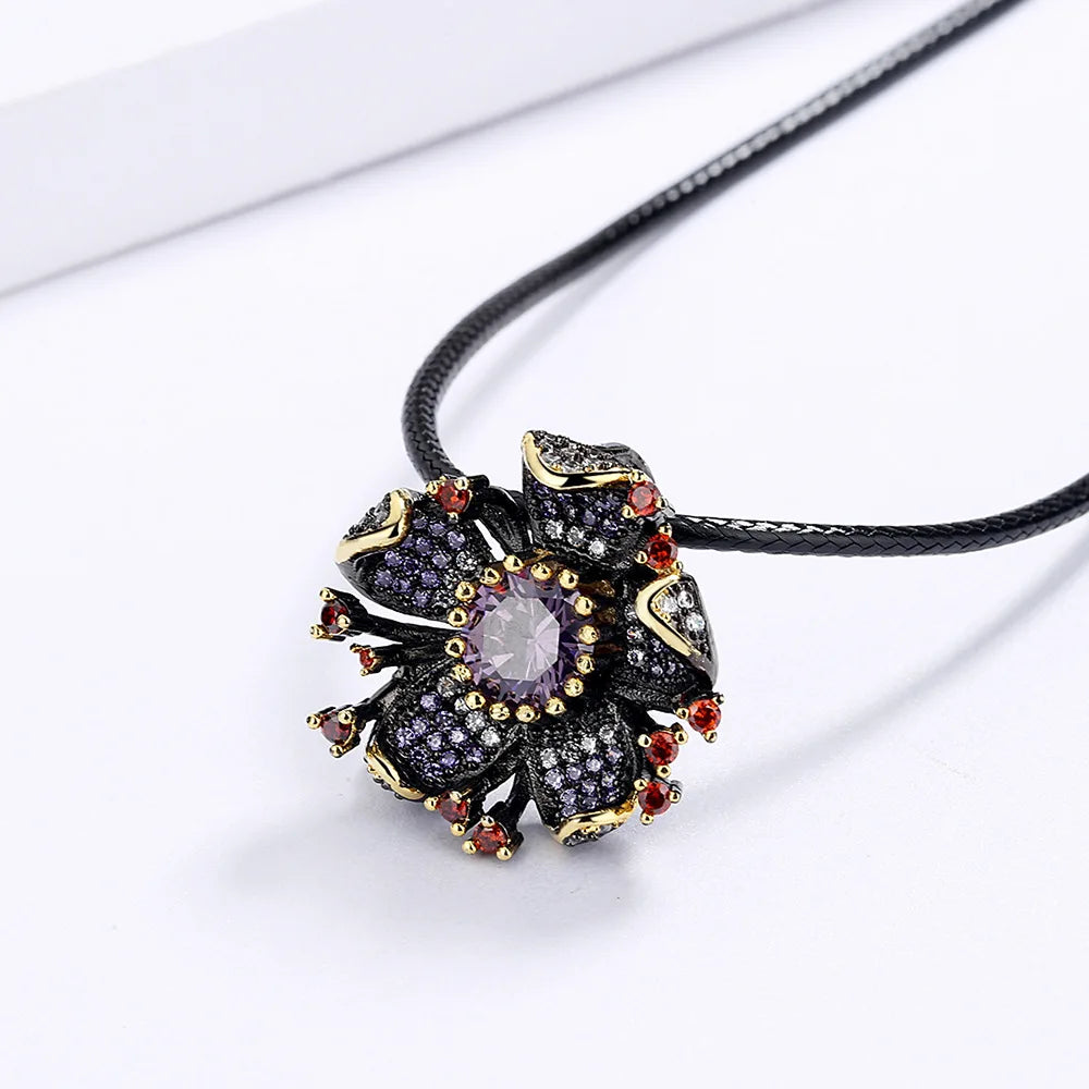 Purple Zircon Black & Gold Style Flower Necklaces