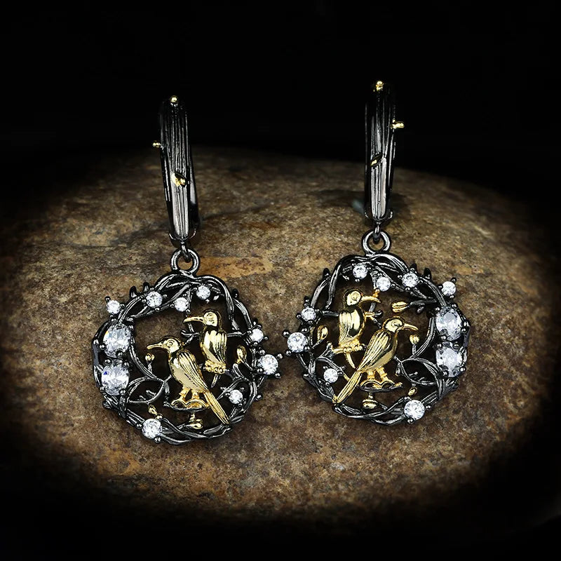 Black & Gold Style Series Zircon Bird Earrings