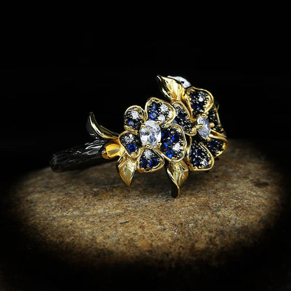 Ring Flower Rings Zircon Black & Gold Style Rings