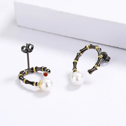 Earrings Bamboo Earrings Pearl Hoop Dainty Earrings