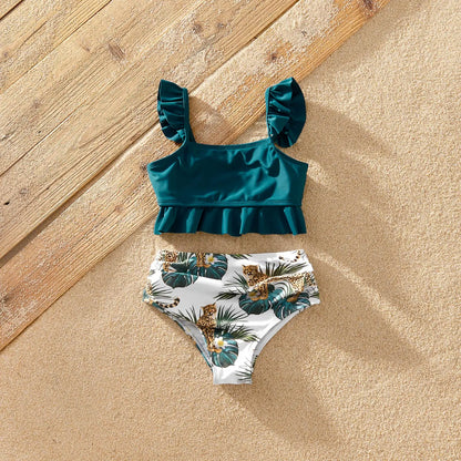 Family Matching! New Summer Ruffle Hem Jungle Tiger Print Family Matching Swimsuits Famliy Look