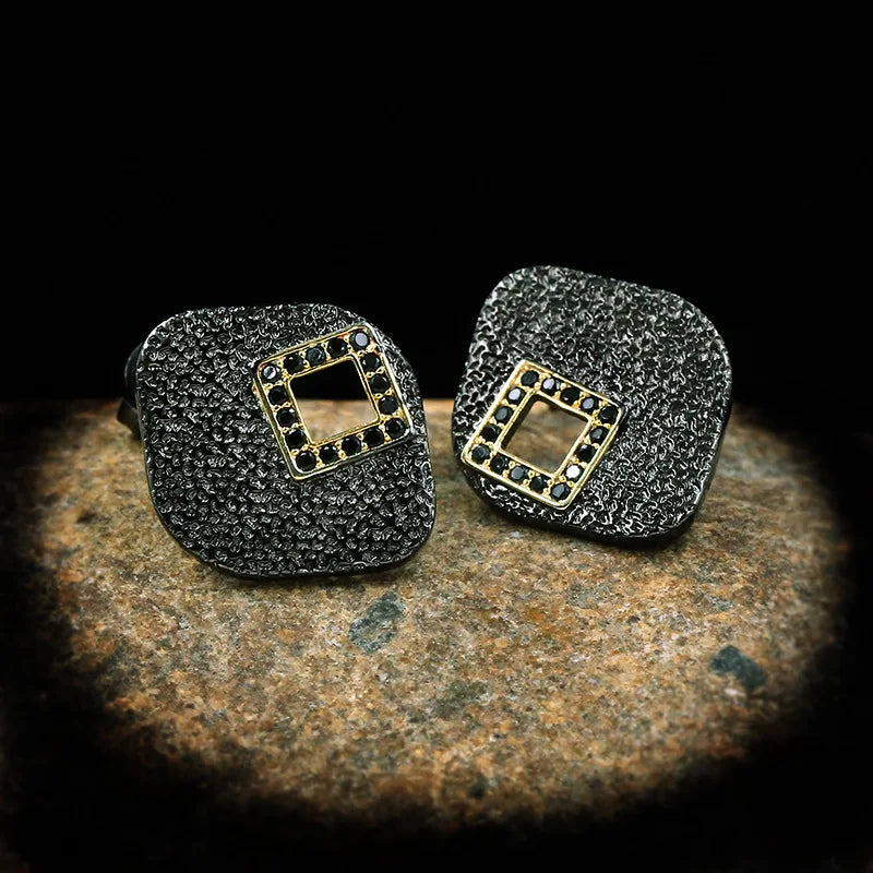 Geometric Square Earrings Black Zircon Earrings Black & Gold Style