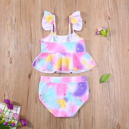 Kids Girls Two-Piece Swimsuit Unicorn Pattern Ruffle Hem Fly Sleeve Tops Swimming Shorts Clothes Set