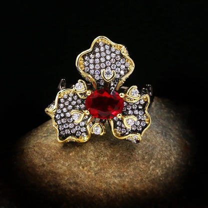 Black & Gold Style Flower with Red Rings Cocktail Flower Ring