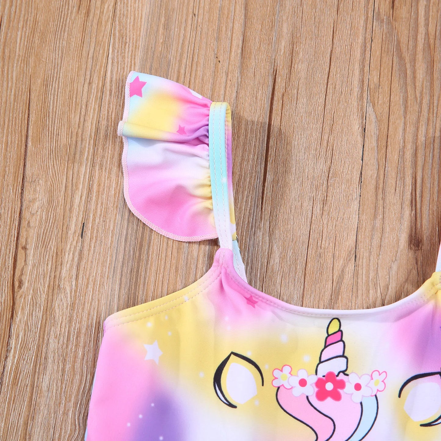 Kids Girls Two-Piece Swimsuit Unicorn Pattern Ruffle Hem Fly Sleeve Tops Swimming Shorts Clothes Set