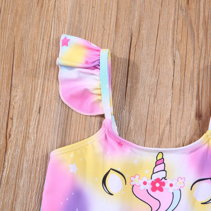 Kids Girls Two-Piece Swimsuit Unicorn Pattern Ruffle Hem Fly Sleeve Tops Swimming Shorts Clothes Set