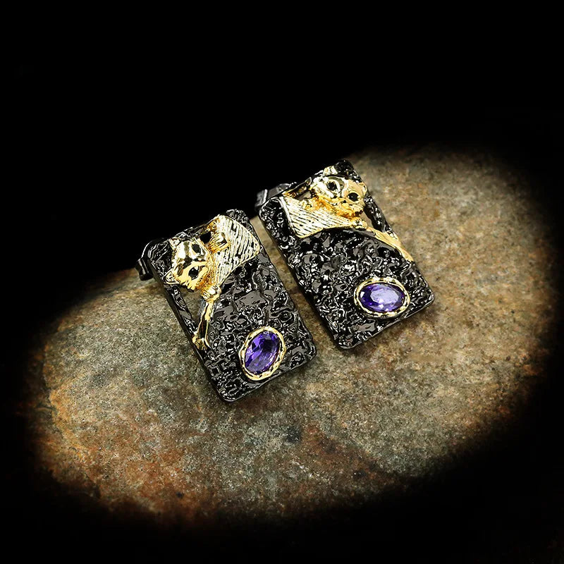 Black & Gold Style Purple Zircon Cat Earrings