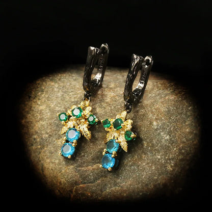 Blue Geometric Zircon Drop Flower Earrings