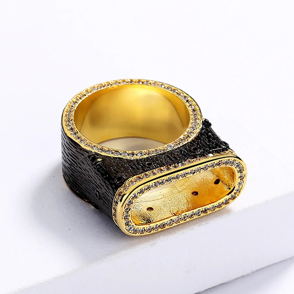 Atmosphere Rings Zircon Rings Tree Hole Geometric Black & Gold Style Double