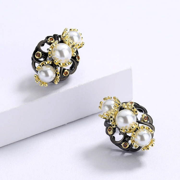 Earrings Golden Flower Pearl Earrings Fashion Black & Gold Series Jewelry Earrings