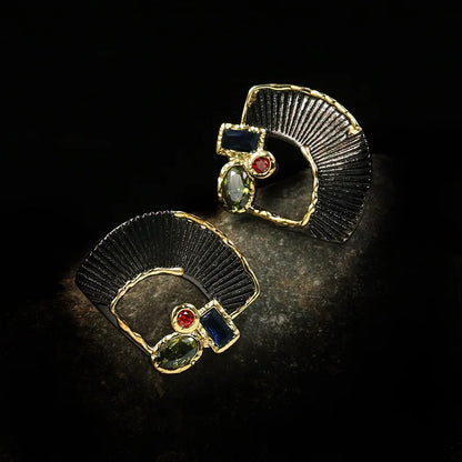 Zircon Black & Gold Fan Earrings