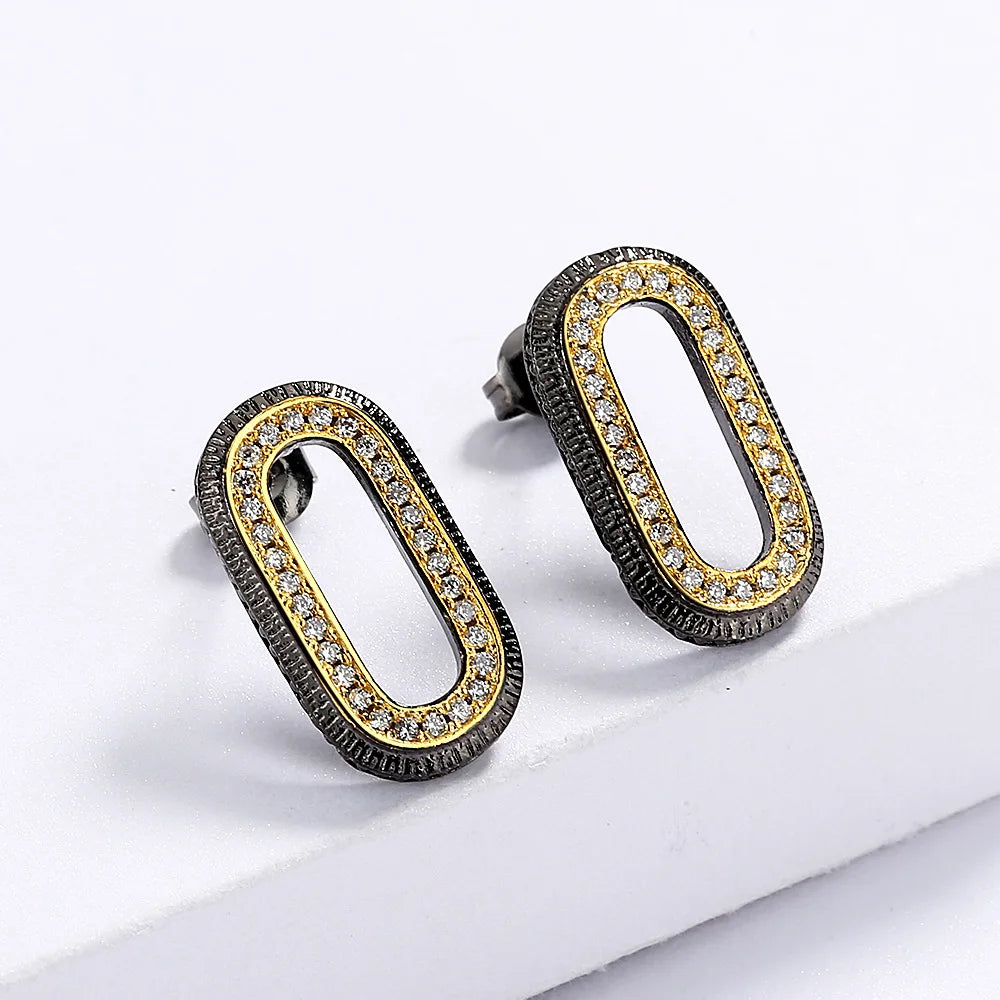 Earrings Oval Geometric Black Stud Black & Gold Style Earrings