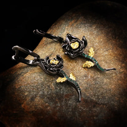 Petite Vintage Black Rose Emerald Zircon Earrings