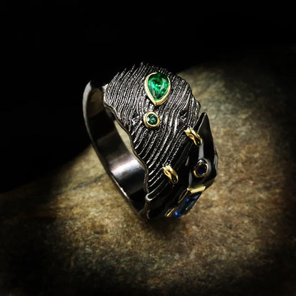 Medieval Black & Gold Style Emerald & Sapphire Zircon Rings