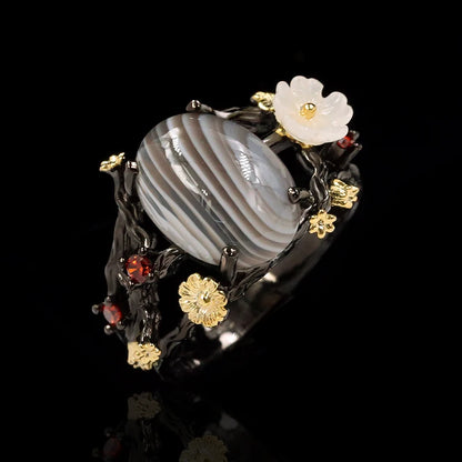 Floral Black & Gold Style Rings with Rose or Random Gemstone