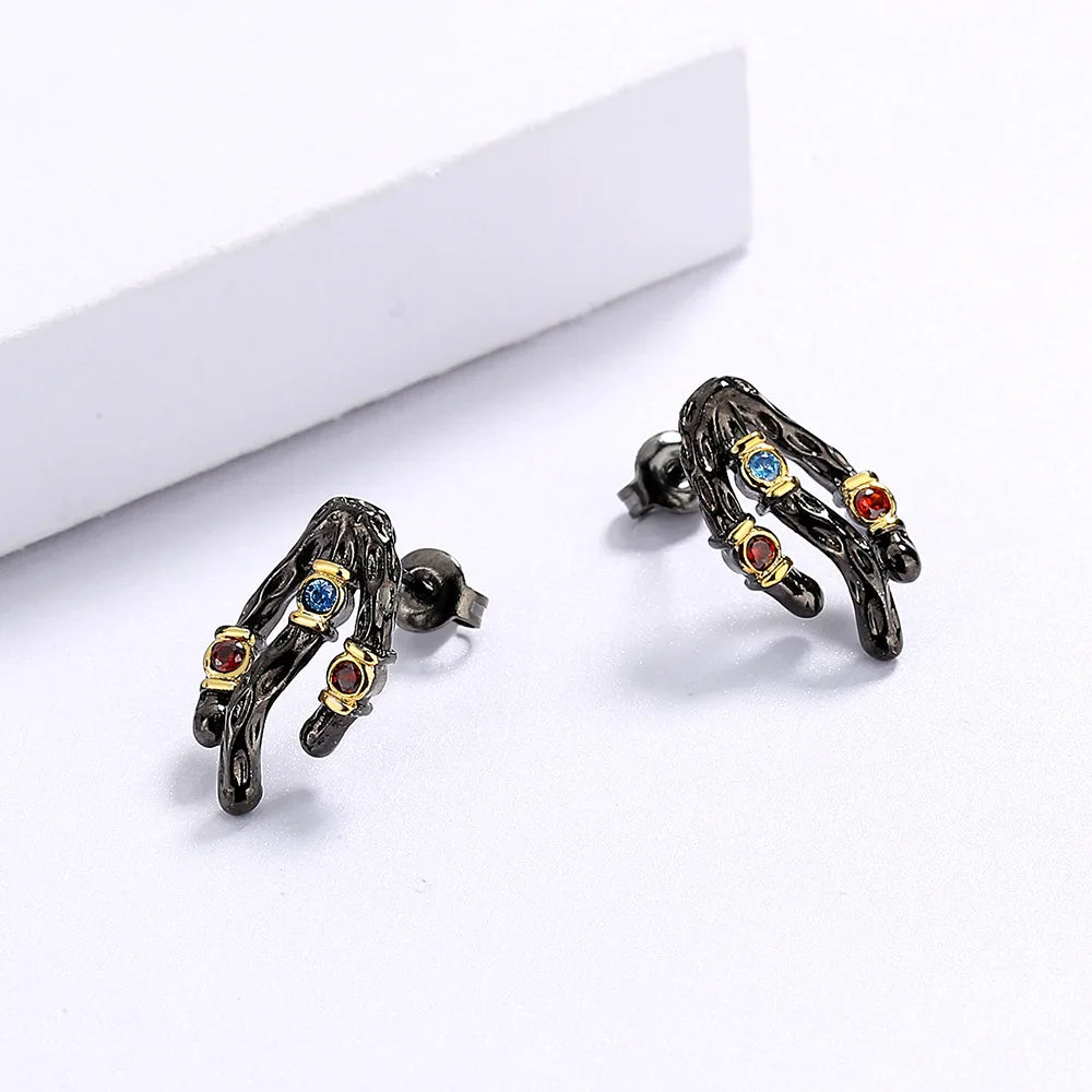 Stud Earrings Tree Vine Earrings Zircon Earrings Black & Gold Style