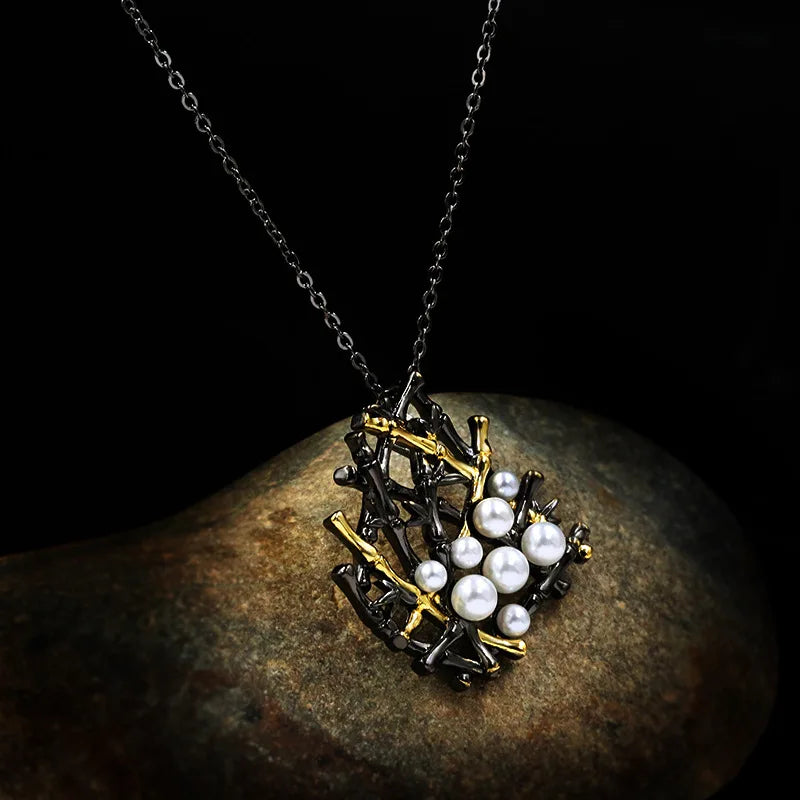 Pearl Birds Nest Black & Gold Series Necklace