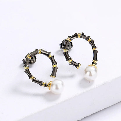 Earrings Bamboo Earrings Pearl Hoop Dainty Earrings