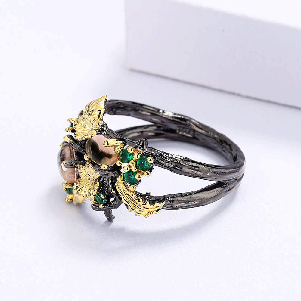 Gorgeous Black & Gold Style Crystal Zircon Leaf Rings