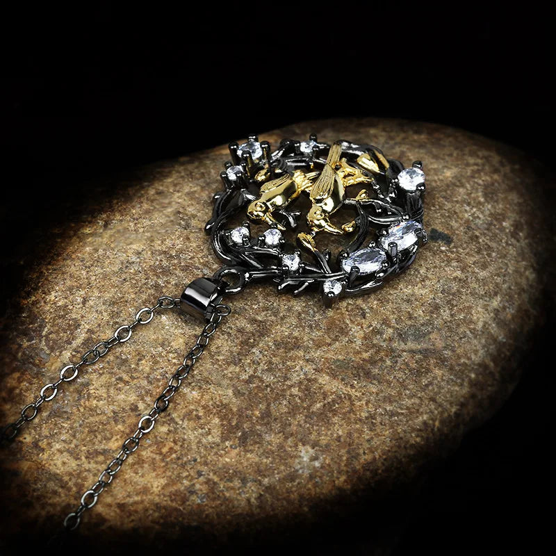 Vintage Bird Blossoms Crystal Zircon Black & Gold Style Necklace