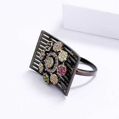 Black & Gold Style Rings Zircon Chrysanthemum Rings