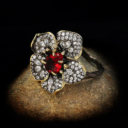 Classic Black & Gold Style Red Zircon Flower Rings