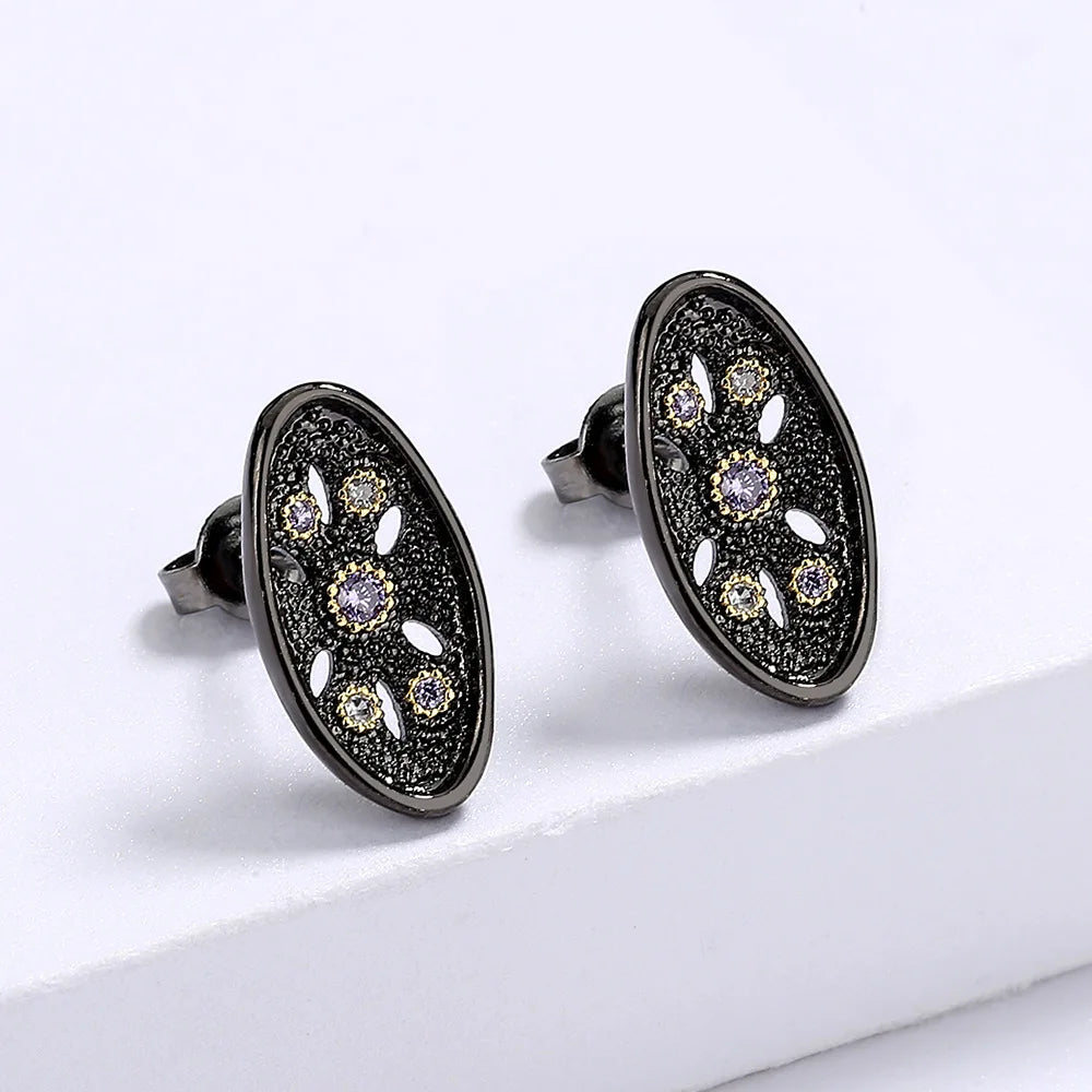 Black & Gold Style Earrings Zircon Flower Earrings