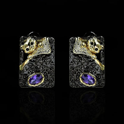 Black & Gold Style Purple Zircon Cat Earrings