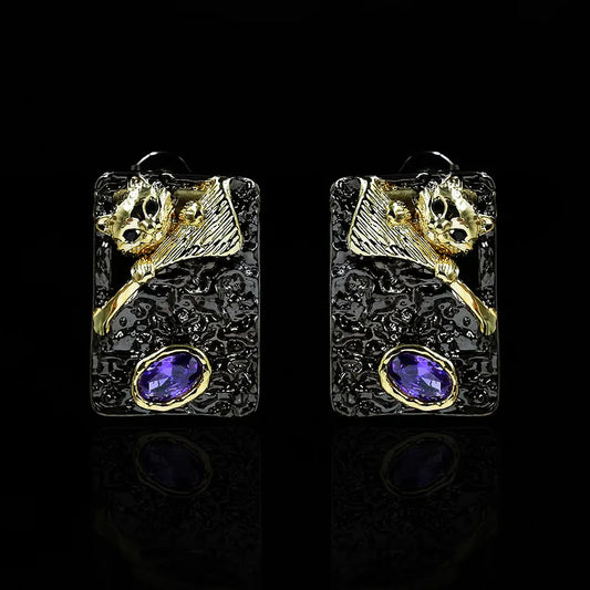 Black & Gold Style Purple Zircon Cat Earrings