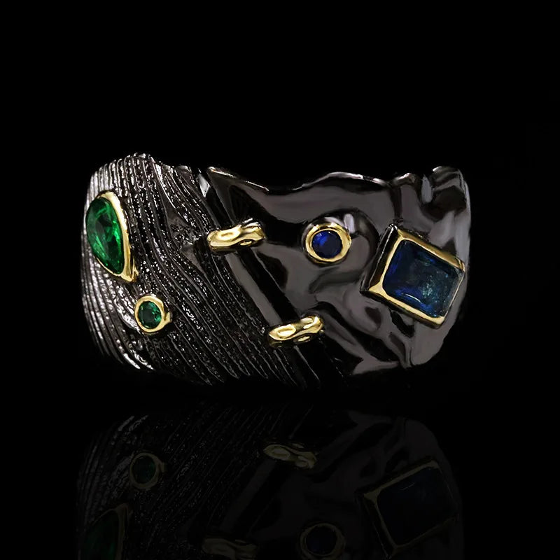 Medieval Black & Gold Style Emerald & Sapphire Zircon Rings