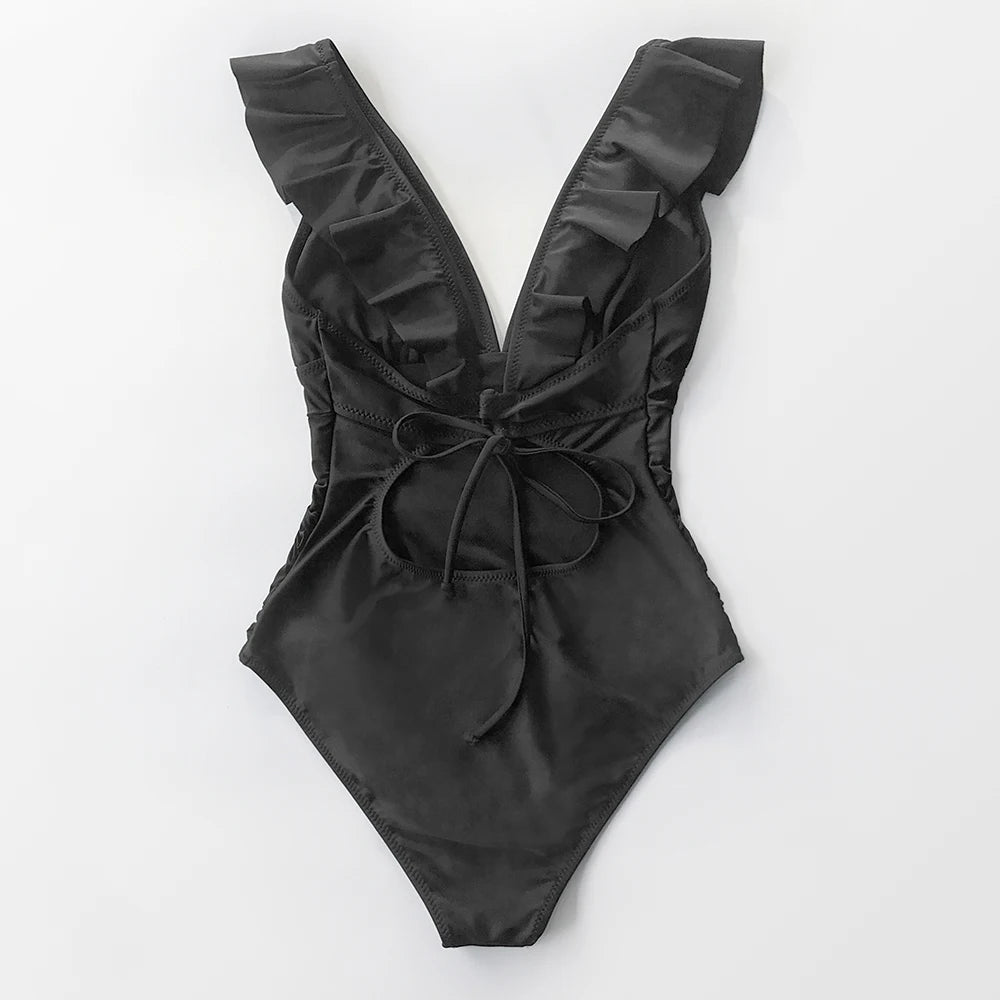 V-neck Ruffled One Piece Monokini Swimwear