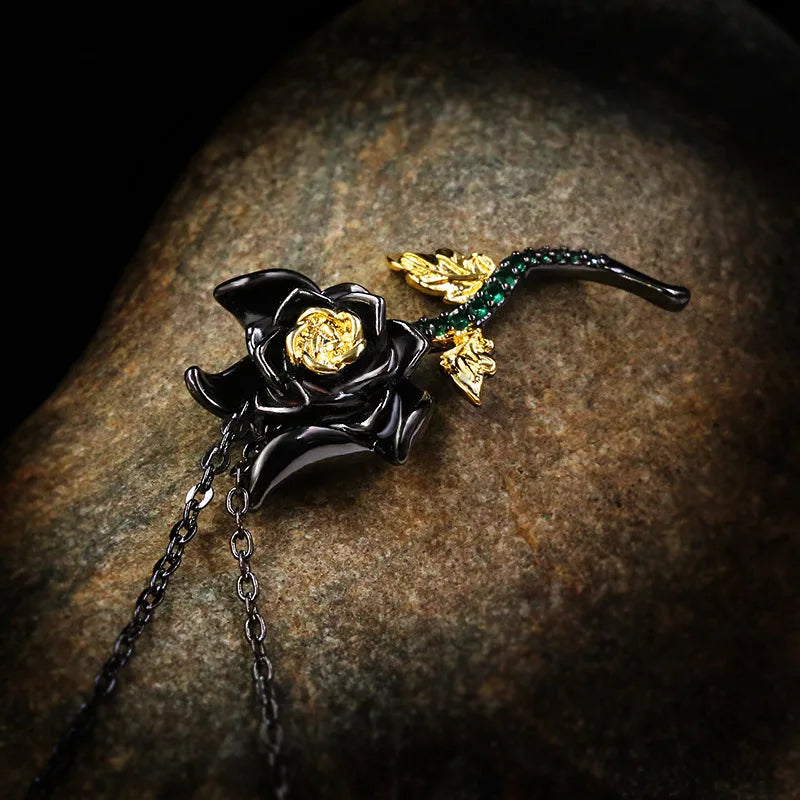 Petite Vintage Black Rose Emerald Zircon Necklace