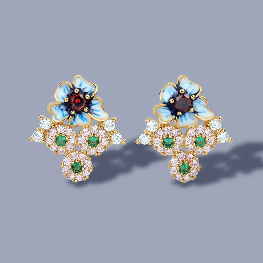 Flower Earrings Enamel Blue Flower Earrings