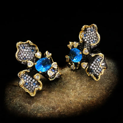 Earrings Dark Blue Zircon Flowers Earrings