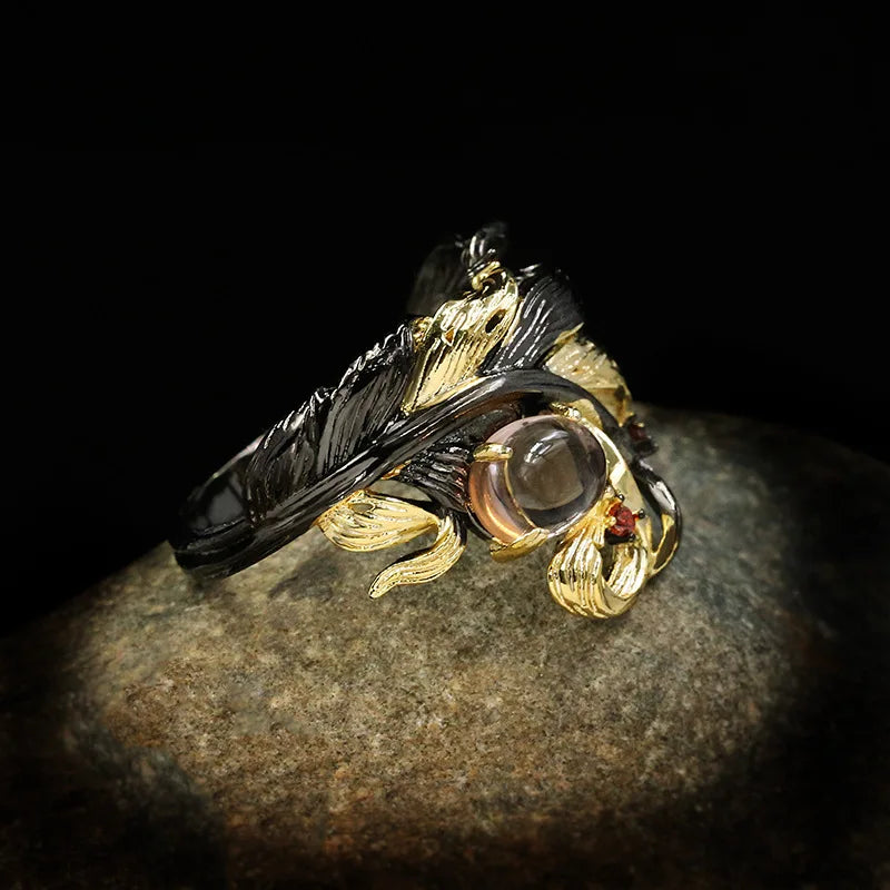 Leaves Winding Black Translucent Crystal Rings