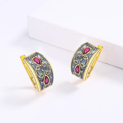 Earrings Gold Red Zircon Earrings Classic Black & Gold Style