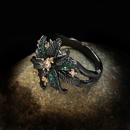 Begonia Flower Green Zircon Rings Black & Gold Style Flower Ring