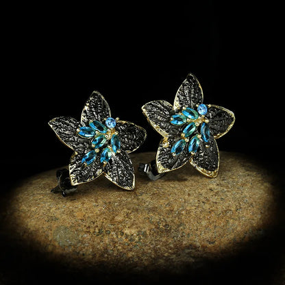 Black & Gold Style Earrings Five-pointed Star Blue Zircon Flower Earrings