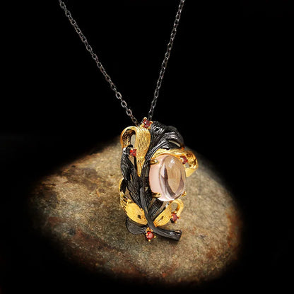 Black & Gold Style Winding Leaf Translucent Pink Crystal Zircon Necklaces