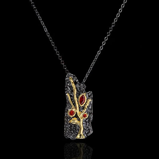 Romantic Red Zircon Black & Gold Style Branch Necklace