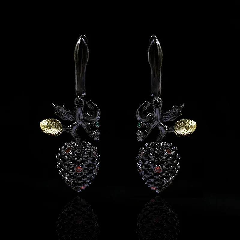 Vintage Pinecone Ruby Zircon Black & Gold Series Earrings