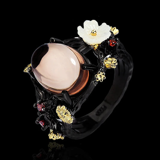 Transparent Rose Zircon Floral Black & Gold Style Rings